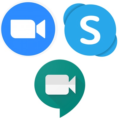 Foto Plataformas de videollamadas (en la imagen se muestran los logos de Zoom, Skype y Meet)