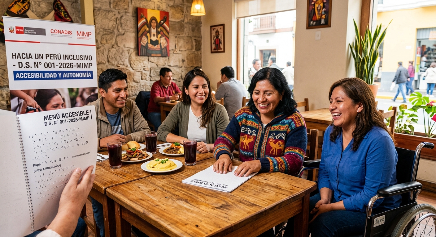 Personas en un restaurante peruano consultando cartas en Braille y disfrutando de comida típica junto a una mujer en silla de ruedas, acompañados de un banner sobre el D.S. N° 001-2026-MIMP.