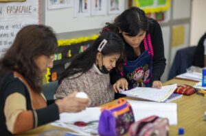 La imagen muestra a una docente interactuando con una niña en lo que parece ser un momento de enseñanaza.