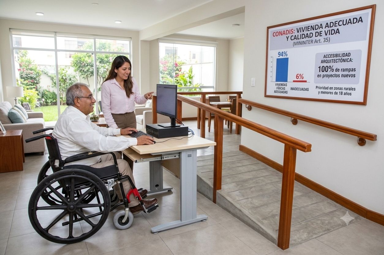 Hombre en silla de ruedas y mujer interactuando con un ordenador en un entorno de vivienda accesible con rampa y cartel informativo sobre CONADIS.