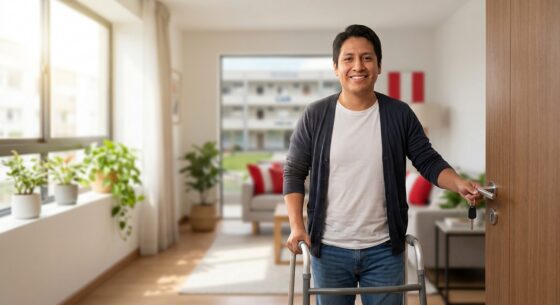 Fotografía de un hombre sonriente que utiliza un andador de aluminio mientras sostiene una llave de puerta en la entrada de una vivienda moderna y bien iluminada. Al fondo se observa una sala de estar ordenada con plantas, iluminación natural y una bandera de Perú.