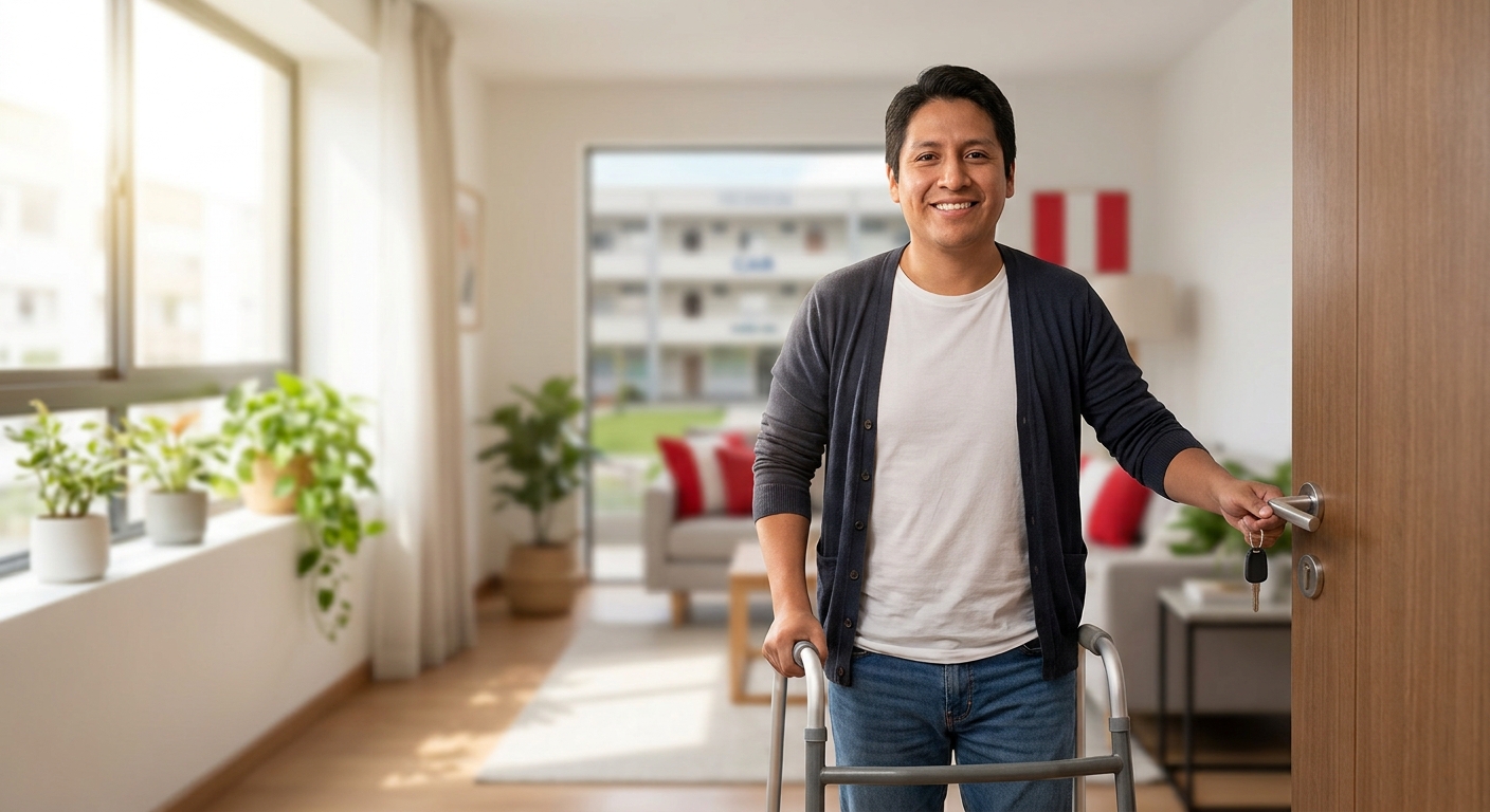 Fotografía de un hombre sonriente que utiliza un andador de aluminio mientras sostiene una llave de puerta en la entrada de una vivienda moderna y bien iluminada. Al fondo se observa una sala de estar ordenada con plantas, iluminación natural y una bandera de Perú.