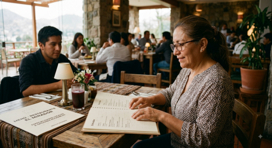 Una mujer con anteojos en un restaurante de estilo rústico desliza con delicadeza los dedos sobre un menú impreso en sistema Braille. Frente a ella se encuentra un joven acompañante y en la mesa se aprecia otro menú accesible.